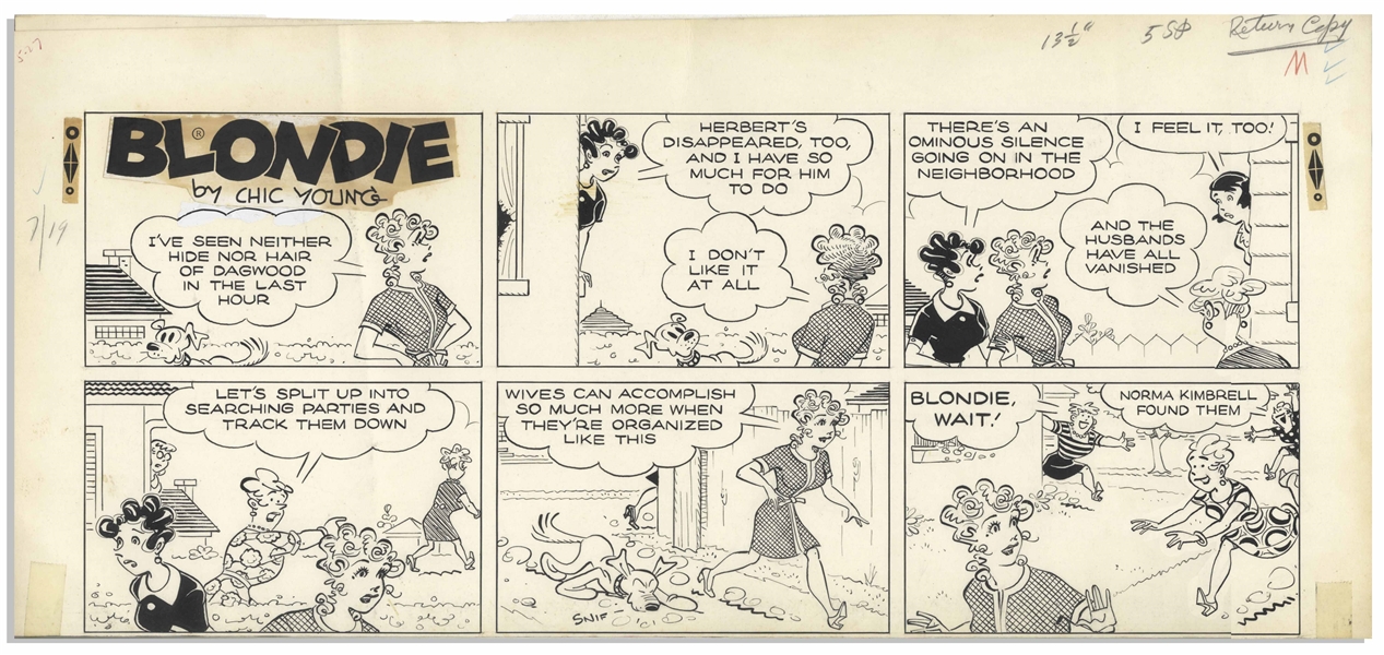 Chic Young Hand-Drawn ''Blondie'' Sunday Comic Strip From 1970 -- Featuring Dagwood & the Men vs. Blondie & the Ladies